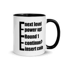 Load image into Gallery viewer, Obvious message mugs: insert coin, continue, round 1, power up, next level
