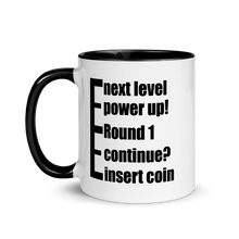 Load image into Gallery viewer, Obvious message mugs: insert coin, continue, round 1, power up, next level
