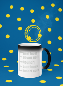 Hidden message mugs: insert coin, continue, round 1, power up, next level